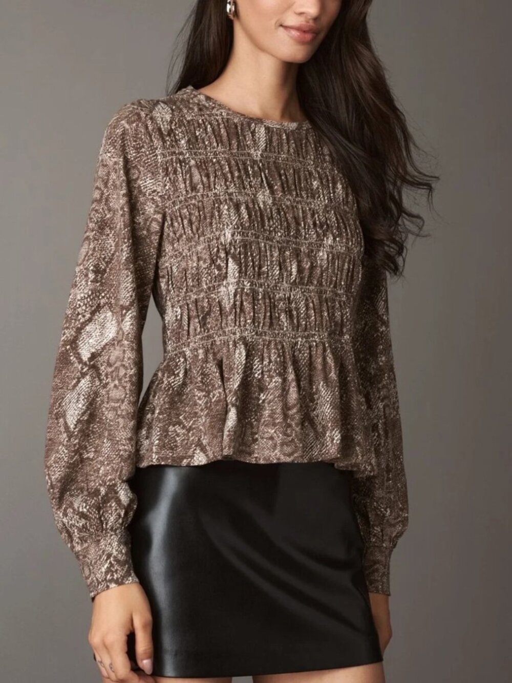 Pilcro Smocked Snake Print Long-Sleeve Crew Neck Peplum Blouse Date Night M